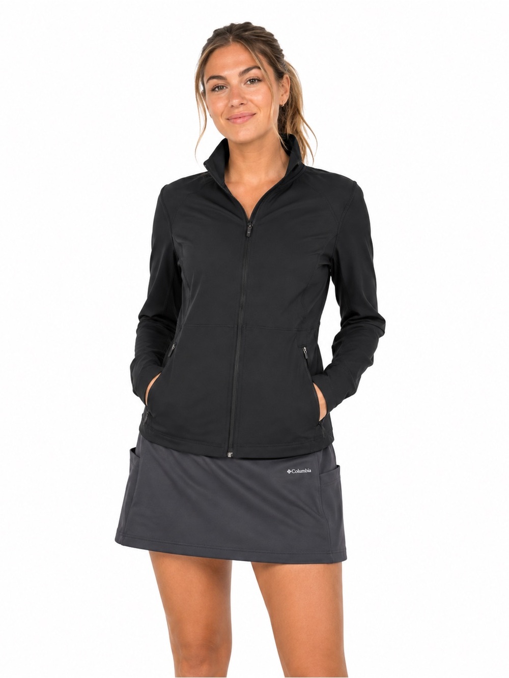 Black Women's Lightweight Zip-Front Jacket With Thumb Holes.